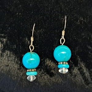 Natural Gemstones Dangle Earrings Sterling Silver Turquoise and Quartz